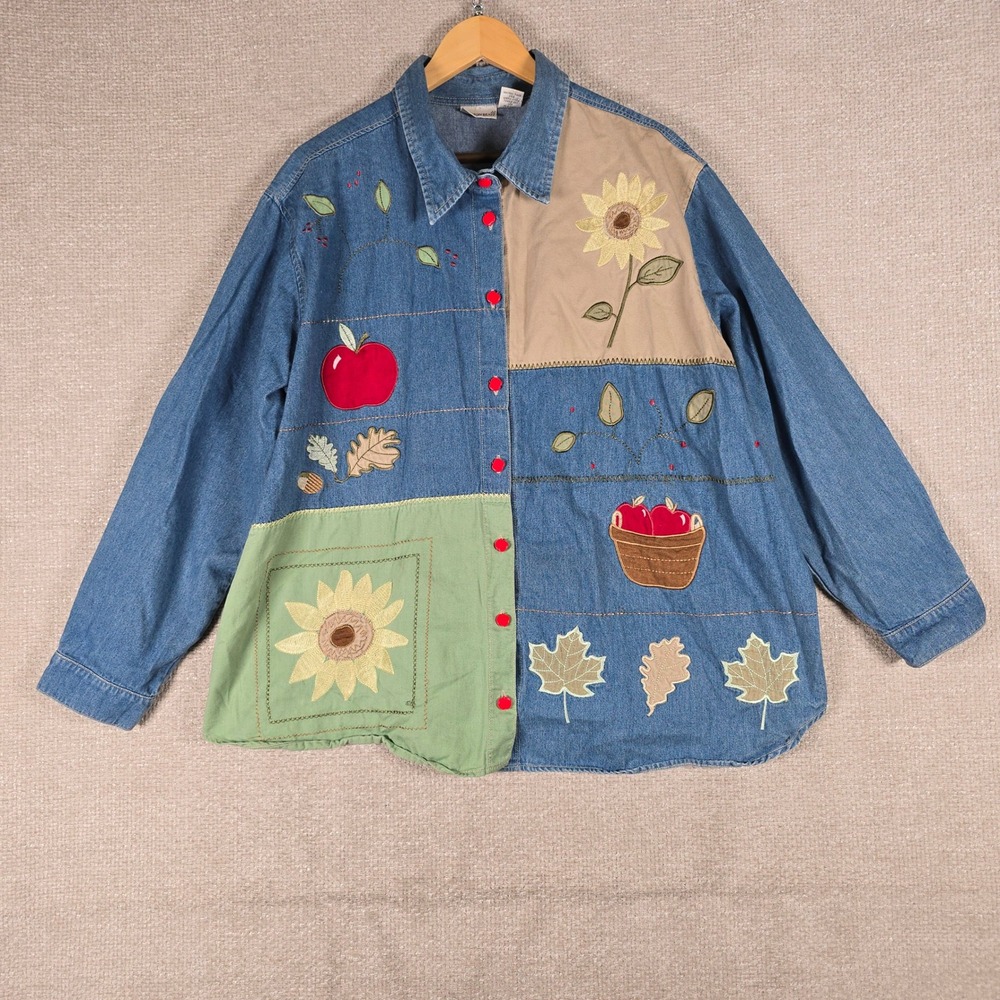 Vintage Fashion Bug Denim Shirt 26/28 3X Apple Buttons Sunflower Patchwork Fall